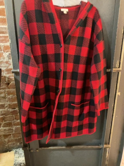 {{ClientCode}} RED/BLK PLAID J JILL CARDIGAN, XL