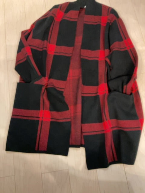 {{ClientCode}} RED/BLK PLAID CHICOS OPEN CARDIGAN, XL