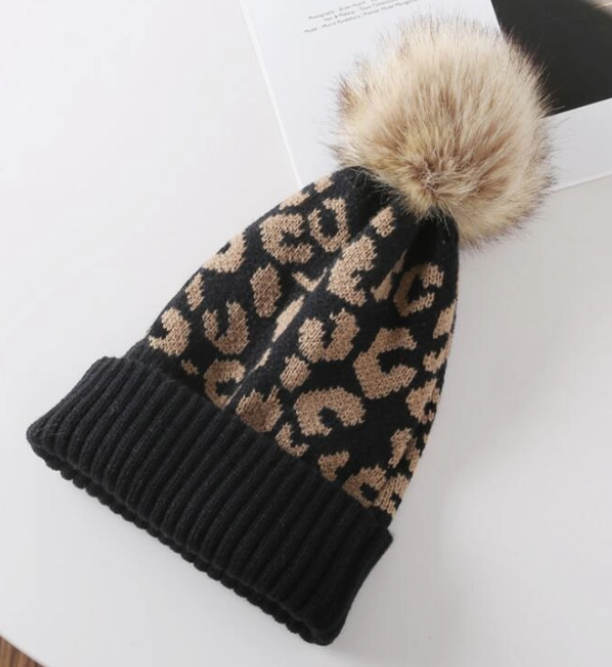 Leopard Beanie with Faux Pom Pom