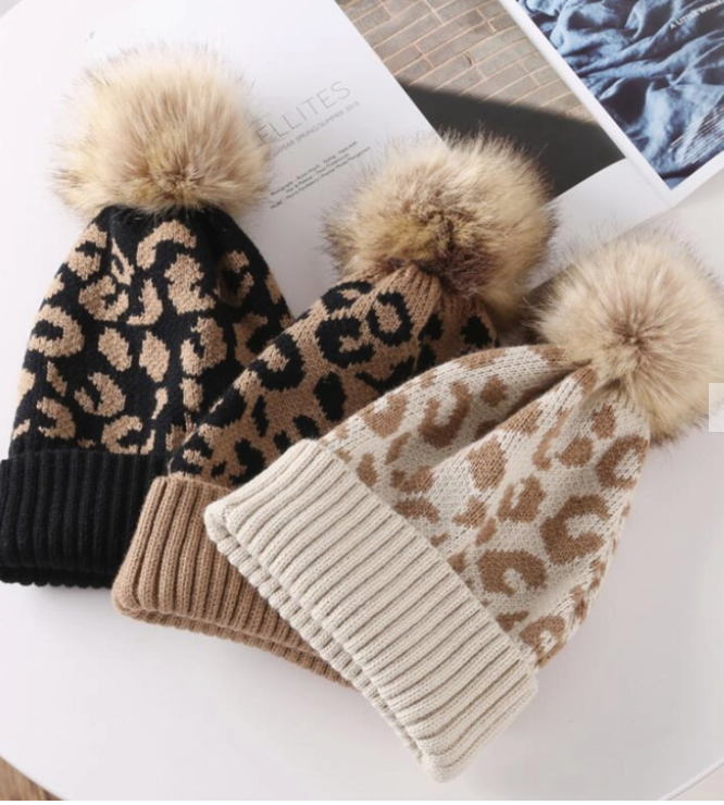 Leopard Beanie with Faux Pom Pom