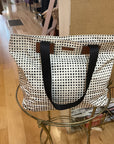 {{ClientCode}} WHT/BLK POLKA DOT FOSSIL TOTE BAG