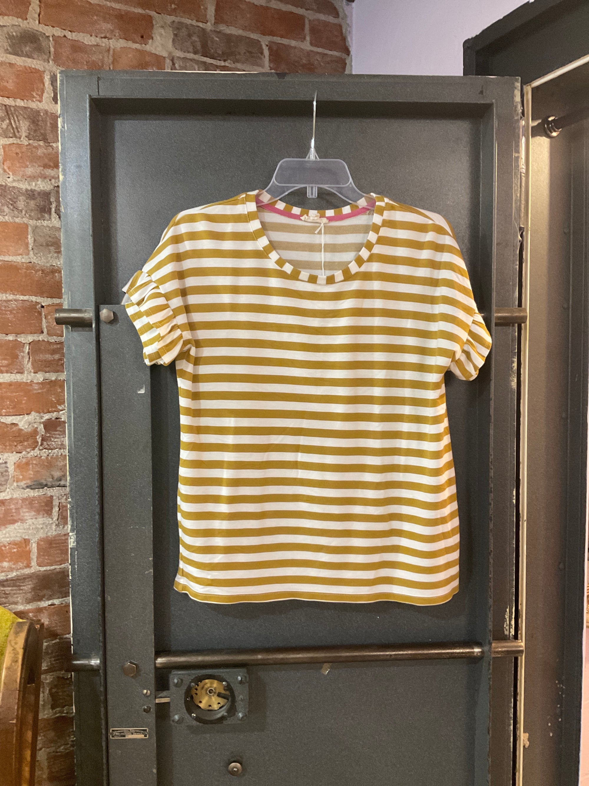 BROWN/WHITE STRIPE JANE + DELANCEY SHORT SLEEVE SHIRT M