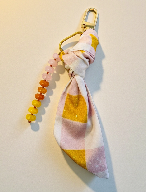 Ethic Goods - Pink Plaid Silk &amp; Gemstone Bag Charm