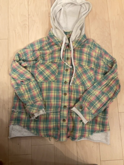 GRN PLAID 143 STORY HOODED LONG SLEEVE SHIRT L
