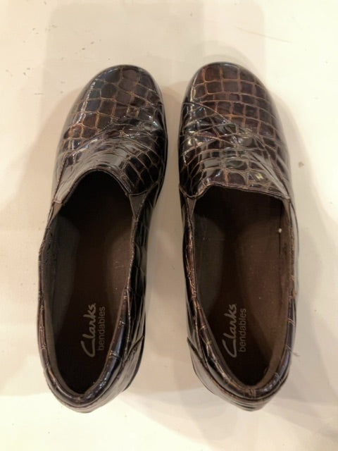 {{ClientCode}} BROWN CLARKS FAUX CROC LOAFER, 10