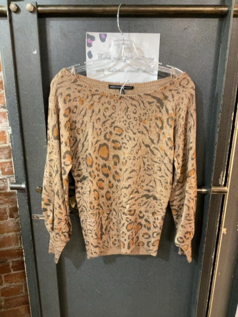 BRN LEOPARD WHITE HOUSE BLACK MARKET KNIT PULLOVER SWEATER XS